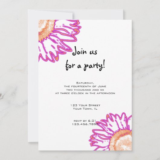 Roze Neon Flower Party-uitnodiging Kaart (Voorkant)