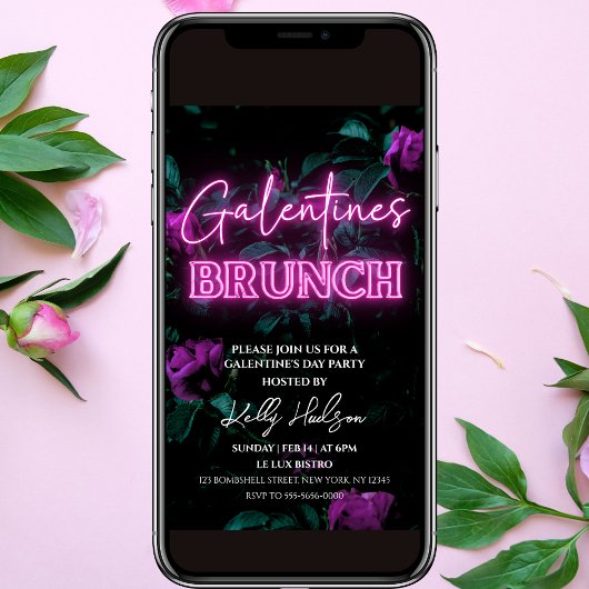 Roze Neon Galentine's Brunch Uitnodiging