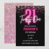 Roze Neon Glitter 21e Verjaardag Meisje Kaart (Voorkant / Achterkant)
