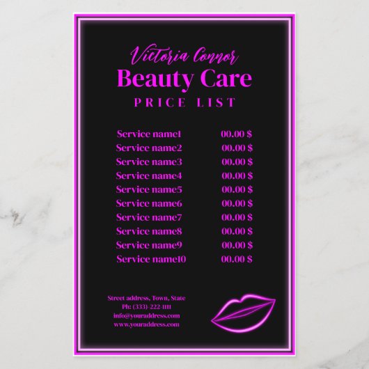 Roze Neon Light Lips Prijslijst Zwarte Flyer (Voorkant)