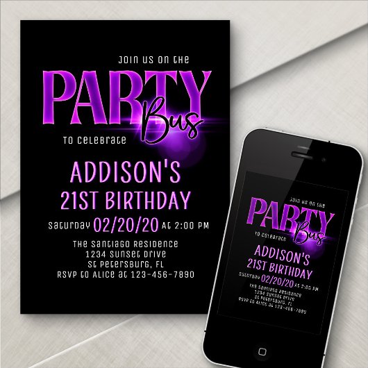 Roze Neon Party Bus Verjaardag uitnodiging