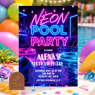 Roze Neon Pool Party Meisje Tiener Uitnodiging