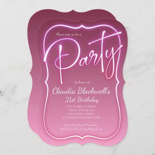 Roze Neon Verjaardag Uitnodiging (Voorkant / Achterkant)