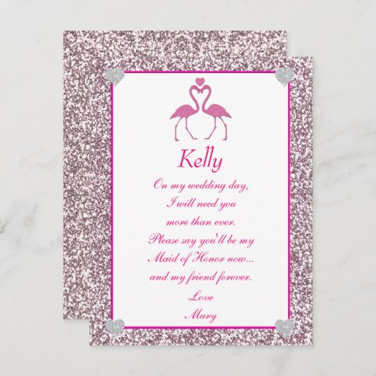 Roze nep glitters flamingo liefde bruidsmeisje kaa kaart (Voorkant / Achterkant)