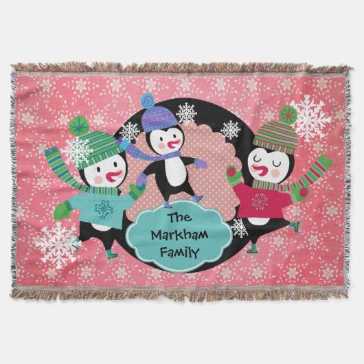 Roze neusvlokken en Stippen Penguins Holiday Throw Deken (Voorkant)