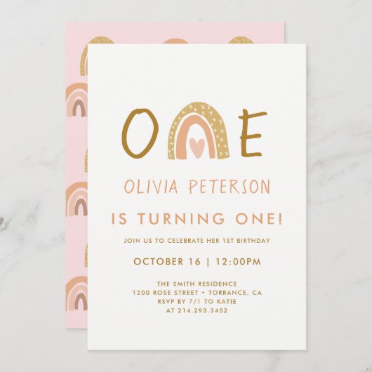 Roze Neutrale Regenboog 1e Verjaardag Uitnodiging