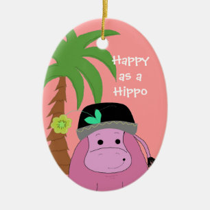 Roze Nijlpaard met een Palmboom Keramisch Ornament