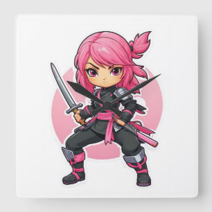 roze ninja meisje vierkante klok