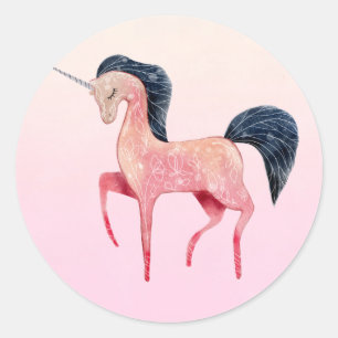 Roze Noordse Eenhoorn met Zwarte Mane Ronde Sticker