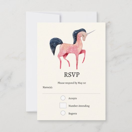 Roze Noordse Eenhoorn met Zwarte Mane RSVP Kaartje (Voorkant)