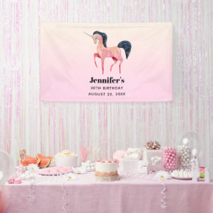Roze Noordse Eenhoorn met Zwarte Mane Verjaardag Spandoek