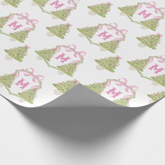 Roze Notenkraker Kerstboom Monogram Crest Cadeaupapier (Hoek)