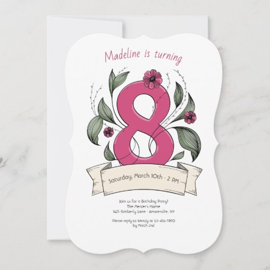 Roze nummer 8 Birthday Party Kaart (Voorkant)