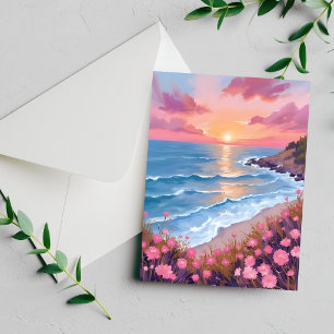 Roze Oceaan Zonsondergang Aquarel Bloemen Schilder