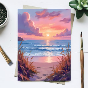 Roze Oceaan Zonsondergang Strand Aquarel Schilderi Briefkaart