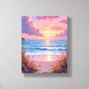 Roze Oceaan Zonsondergang Strand Aquarel Schilderi Canvas Afdruk