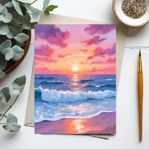 Roze Oceaangolven Zonsondergang Aquarel Briefkaart