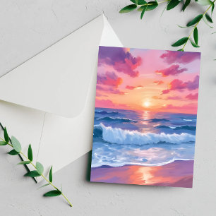 Roze Oceaangolven Zonsondergang Aquarel Kaart