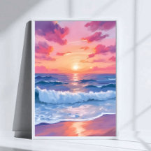 Roze Oceaangolven Zonsondergang Aquarel