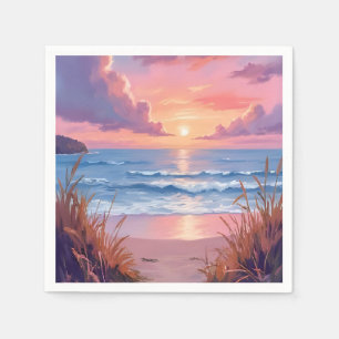 Roze Oceaansondergang Strand Aquarel Schilderij Servet