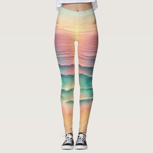Roze Ocean Beach Zee Waterverf Zandstrand Leggings (Voorkant)