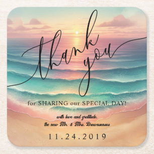 Roze Ocean Beach Zonnig Waterverf Zomerfeest Vierkante Kartonnen Onderzetter