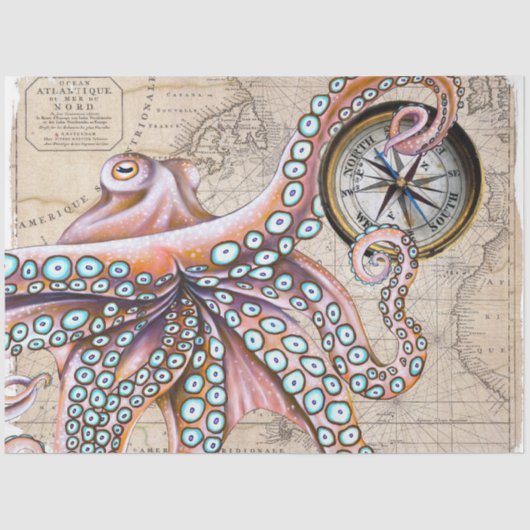 Roze octopus Kraken  Map Compass Tissuepapier (Voorkant)
