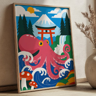 Roze Octopus met Mount Fuji & Torii Gate Japans Poster