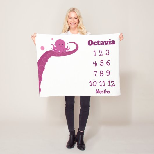 Roze Octopus Naam Milestone Fleece Deken (In situ)