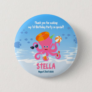 Roze octopus zomer baby meisje Verjaardagsfeestje Ronde Button 5,7 Cm