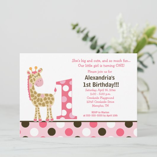 Roze Oerwoud Giraffe 1e verjaardag Uitnodiging 5x7 (Staand voorkant)