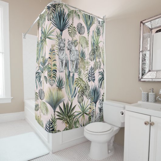 Roze Oerwoud Witte Tijgers Douchegordijn (In situ)