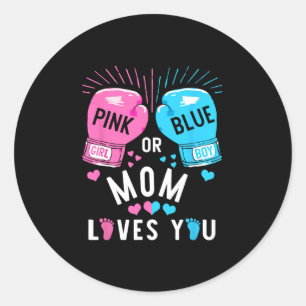 Roze of blauwe moeder houdt van je boksen geslacht ronde sticker
