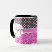 Roze olietjes en roze pokadots op grijs genaamd mok (Voorkant links)