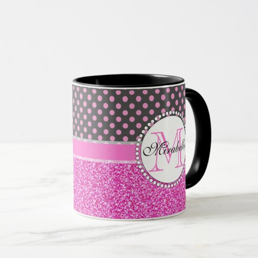 Roze olietjes en roze pokadots op grijs genaamd mok (Voorkant rechts)