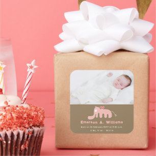 Roze Olifant Baby Meisje Foto Geboorteaankondiging Vierkante Sticker