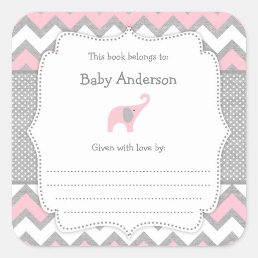 Roze Olifant Baby shower boekenplaat boek sticker (Voorkant)