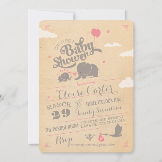Roze Olifant Baby Shower Uitnodigingen (Voorkant)