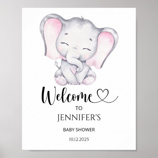 Roze olifant baby shower welkom poster (Voorkant)