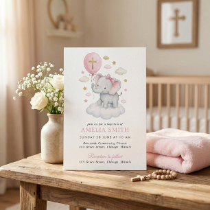 Roze Olifant Doop Wolken Ballon Aquarel Kaart