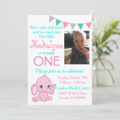 Roze olifant eerste uitnodiging voor geboorte (Staand voorkant)