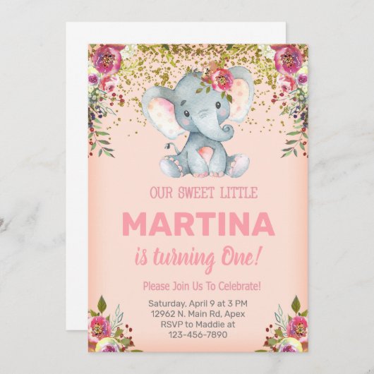 Roze olifant en een bloemen meisje wordt uitgenodi kaart (Voorkant / Achterkant)