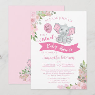 Roze olifant & Floral Virtual Baby Girl Shower Kaart