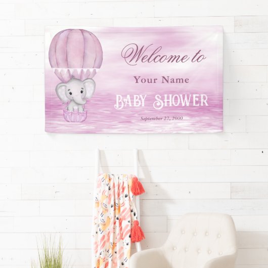 Roze Olifant Hete Luchtballon Welkom Banner (Insitu)