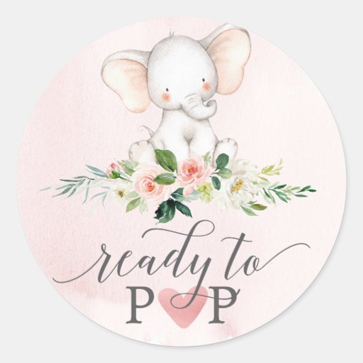 Roze Olifant Klaar om te Poppen Baby Favor Sticker (Voorkant)