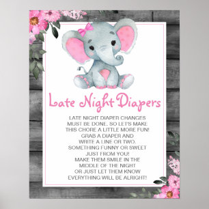 Roze Olifant Late Night Luiers Baby Shower Bord Poster