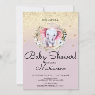 Roze Olifant Meisje Baby Shower Nep Goud Glitter  Kaart