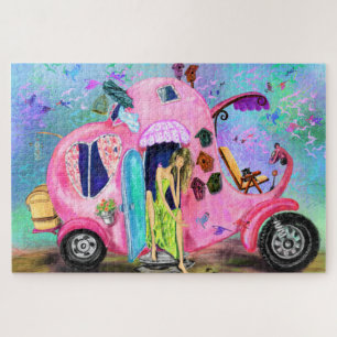 Roze olifant Motorhome Traveling Girl Puzzle Gift Legpuzzel