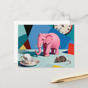 Roze Olifant Muis Gebroken Theekopje Klok Surreali Briefkaart