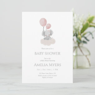 Roze Olifant op Witte Wolken Baby Shower Uitnodigi Kaart